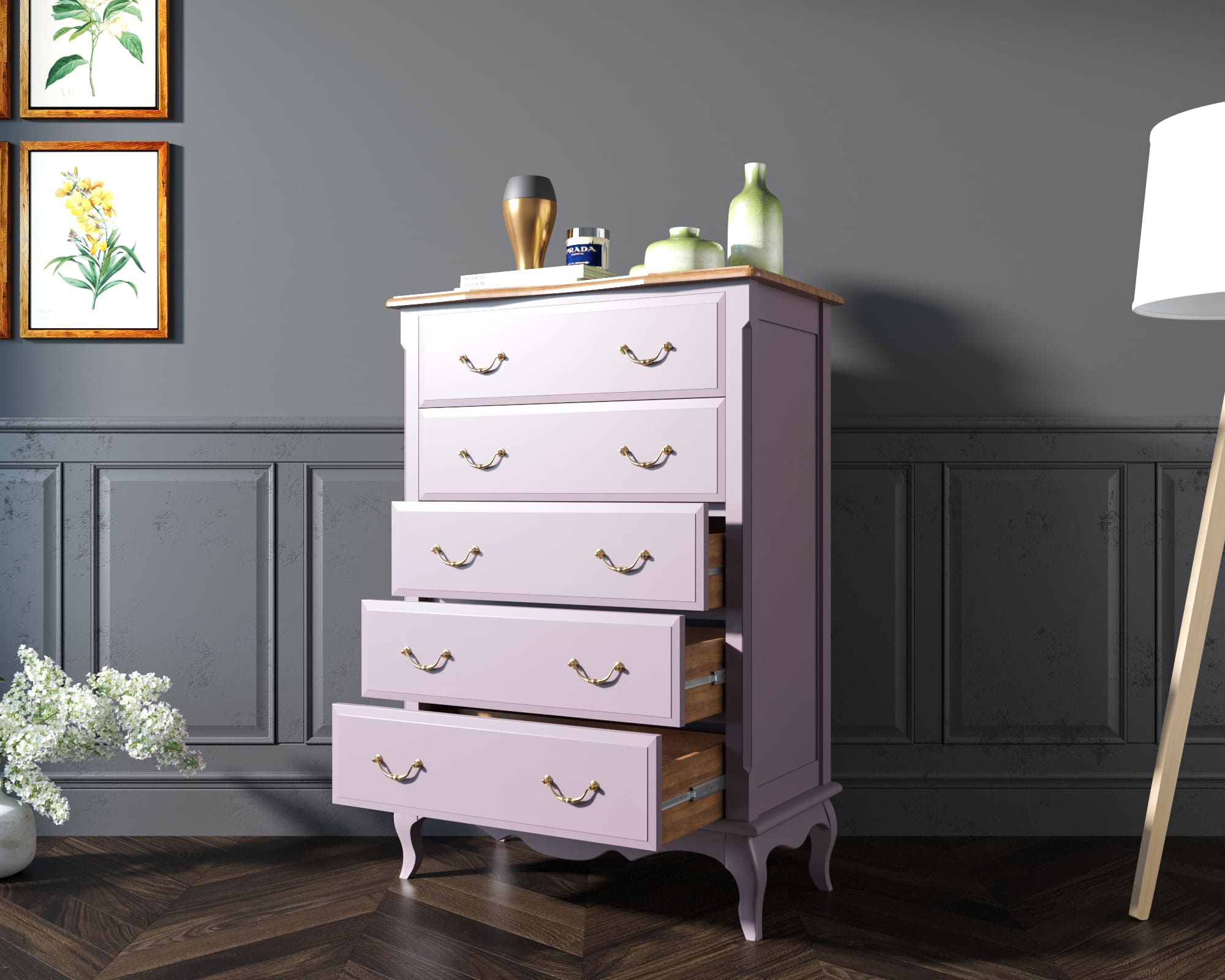 Комод из дерева Leontina Lavanda на пять ящиков вертикальный арт ST9342L