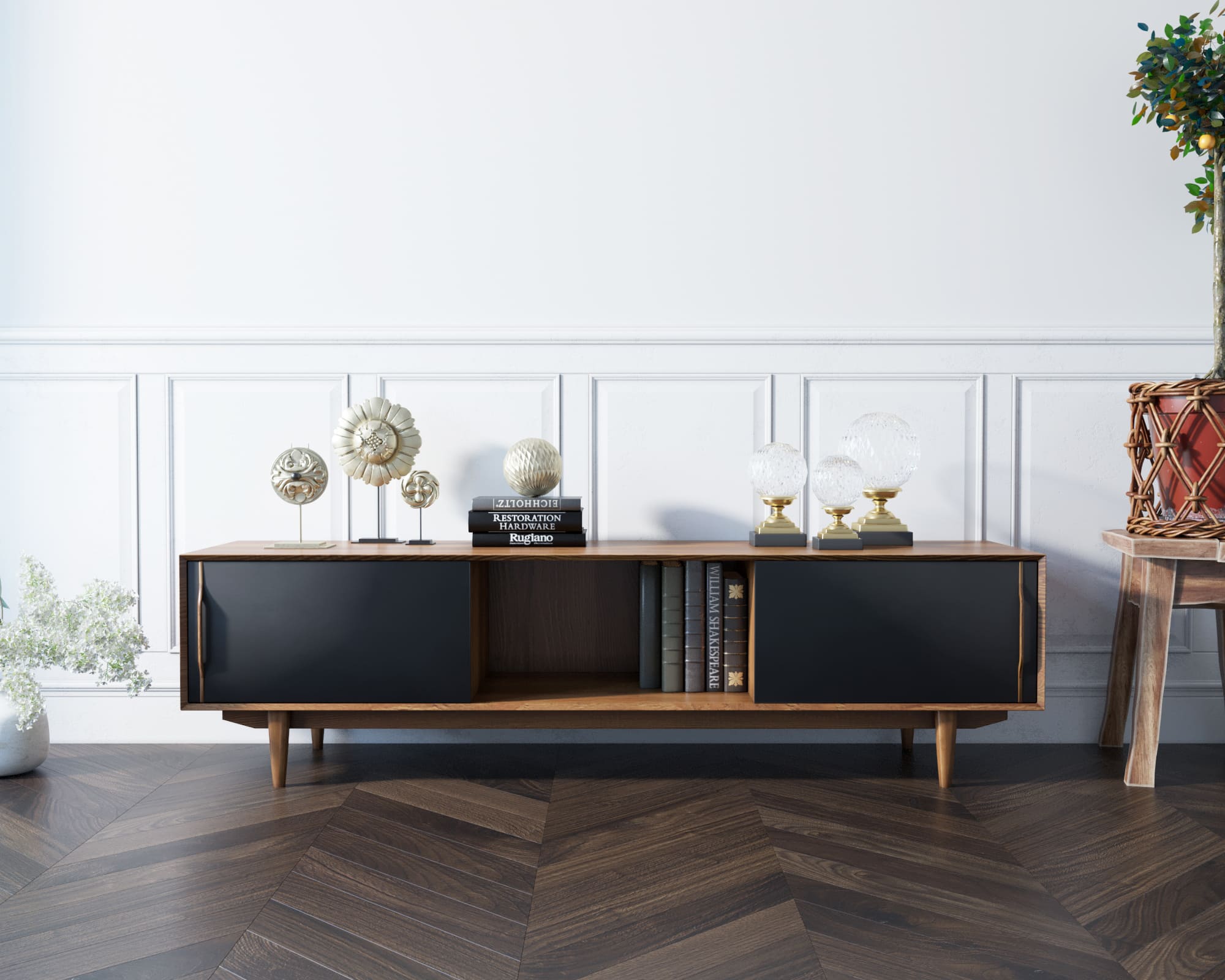 Консоль под TV массив дерева в Скандинавском стиле "Bruni Black"