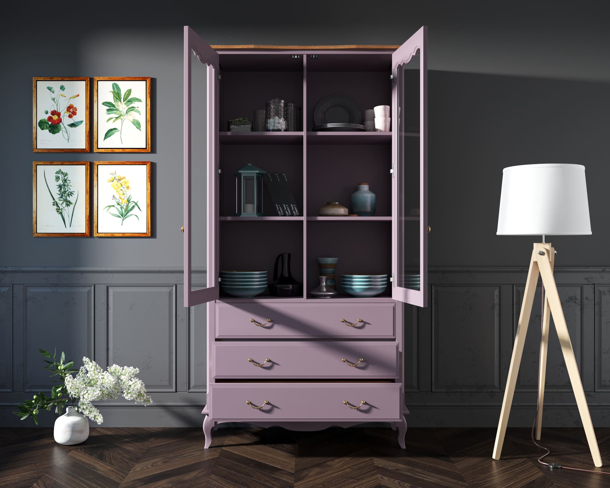 Шкаф "Leontina Lavanda" для посуды высокий 3 ящика арт ST9355/3L