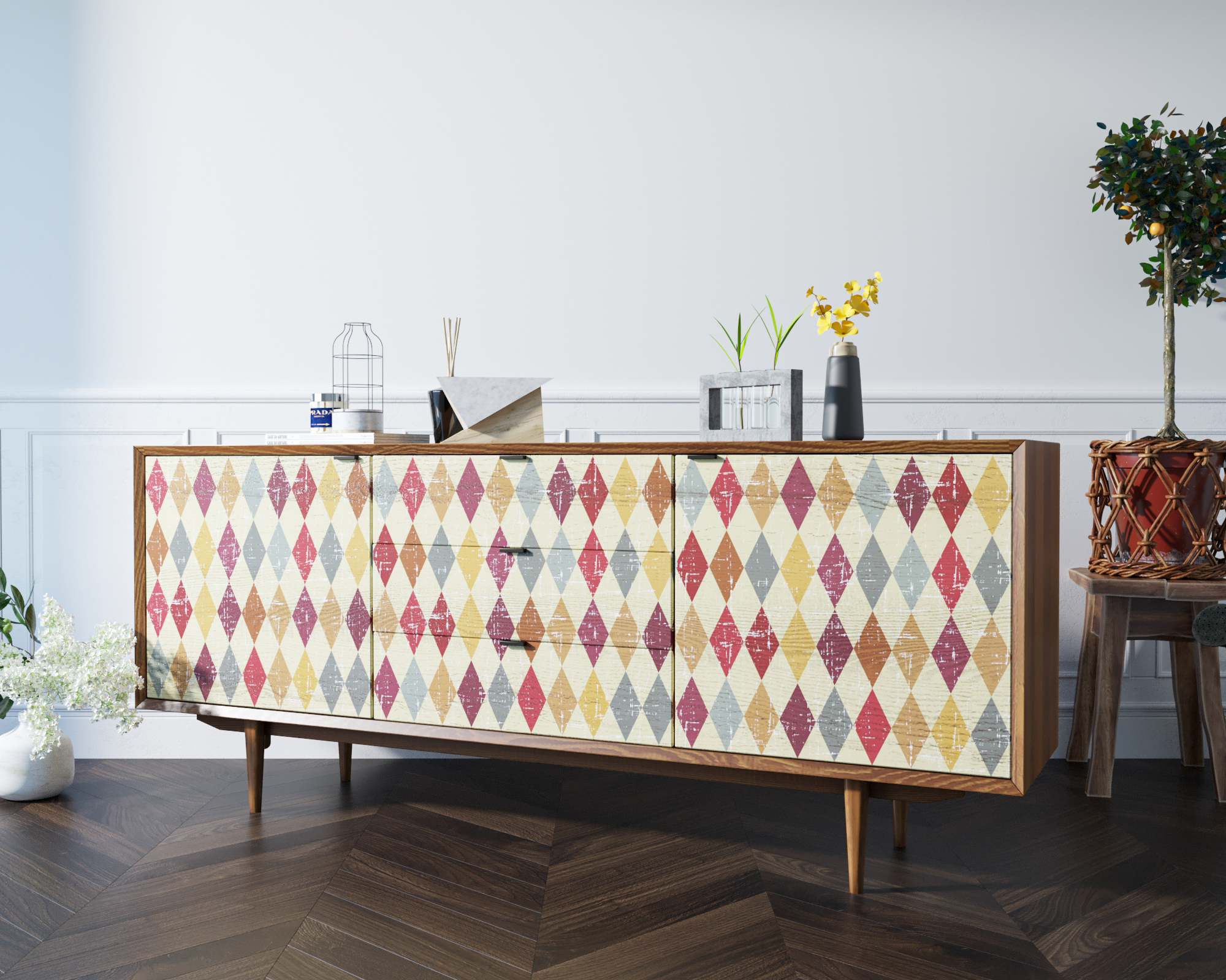 Комод массив "Bruni print" с тремя ящиками и дверками