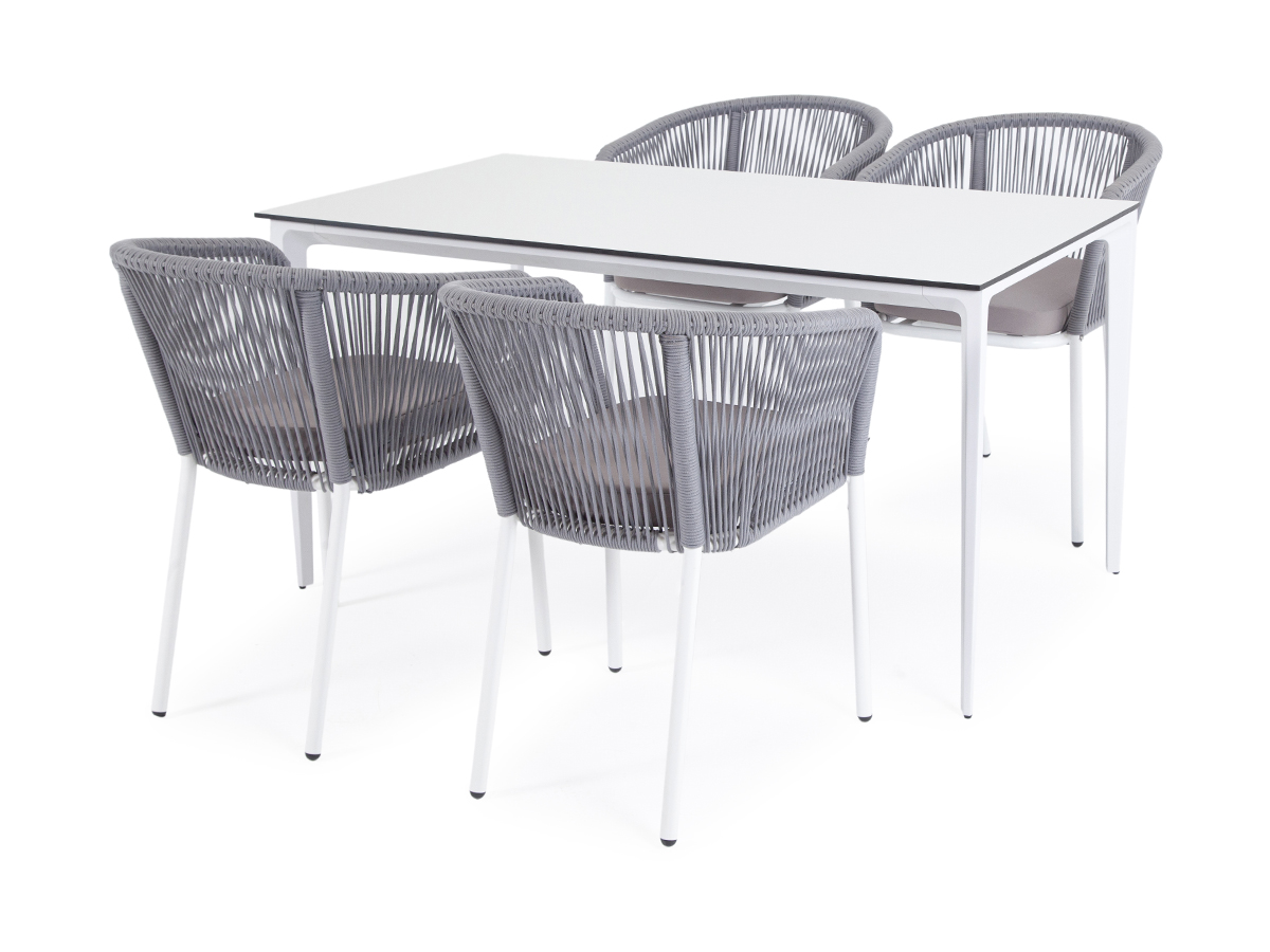 "Малакио" обеденная группа на 4 персоны со стульями "Марцелло", каркас белый, роуп светло-серый