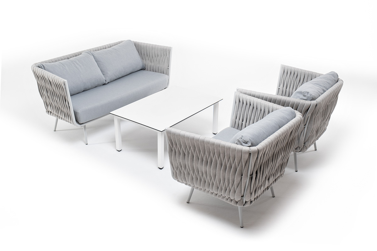 "Монарк" лаунж-зона 4-местная из роупа со столом "Каннизо" молочный, каркас светло-серый, роуп светло-серый