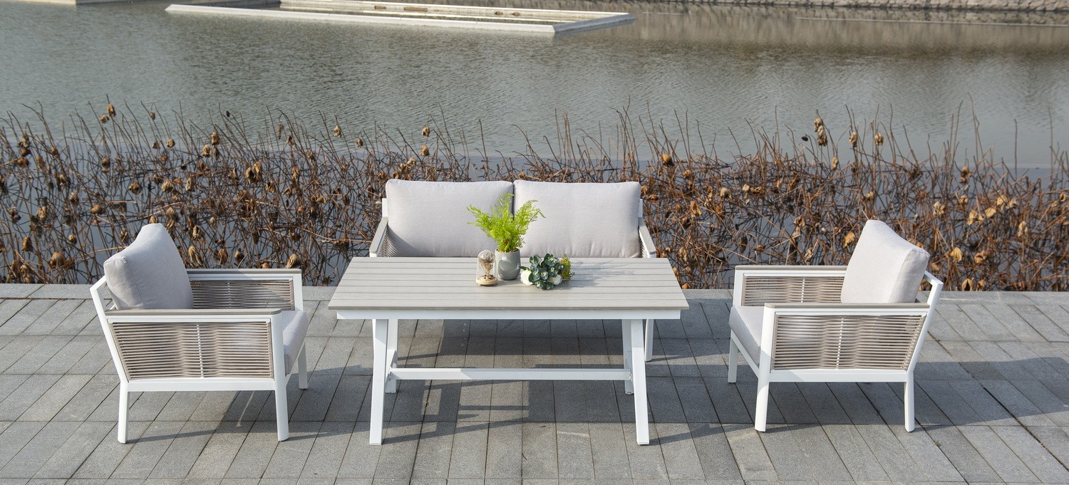 "Сан Ремо" диван 2-местный плетеный из роупа, каркас алюминий белый, роуп бежевый, ткань бежевая