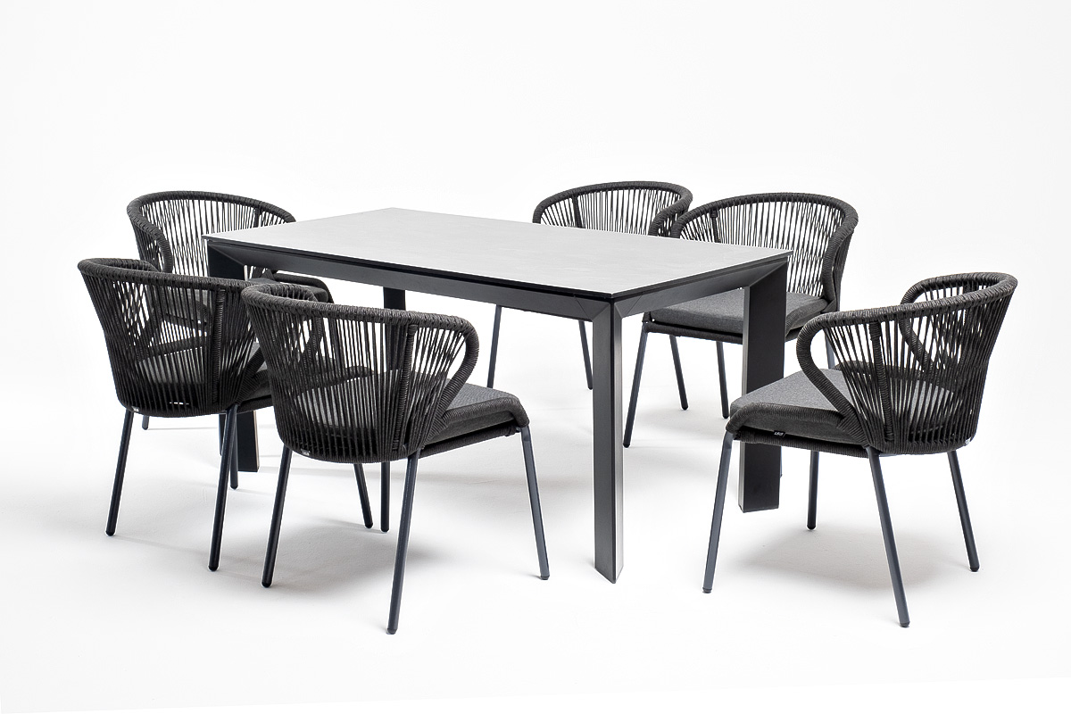 "Венецио" обеденная группа на 6 персон со стульями "Миленто", каркас темно-серый, роуп темно-серый